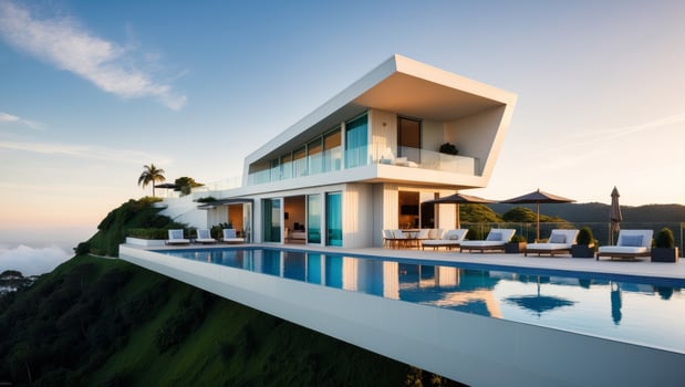 A modern house on top of a hill with a pool photo