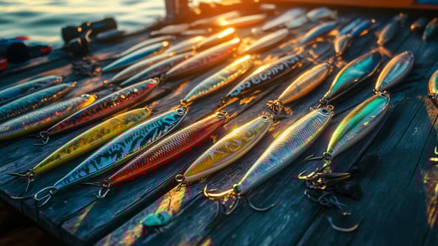 Colorful fishing lures arranged neatly on a wooden dock during sunset reflecting vibrant hues on the water photo