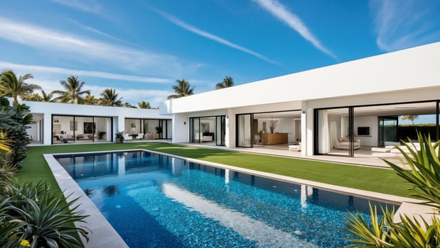 A modern home with a pool and lush green lawn photo