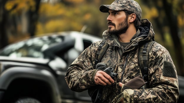 A man in camouflage gear stands in a forest with a firearm, observing his surroundings during a hunting expedition in autumn photo