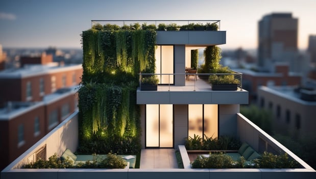 A rooftop garden with plants growing on the walls photo