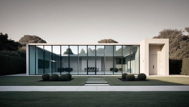 A modern house with glass walls and a lawn photo