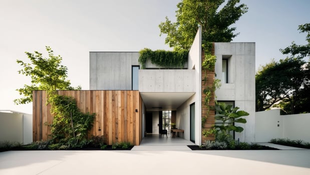 The modern house is surrounded by greenery photo