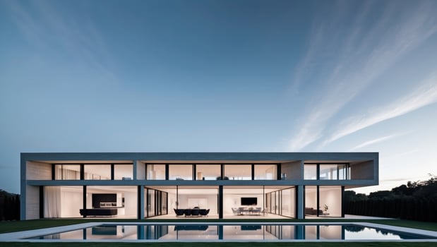 A modern house with a pool and glass walls photo