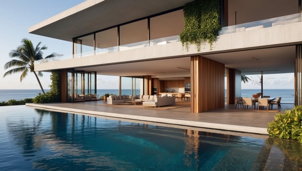 The modern house with a pool overlooking the ocean photo