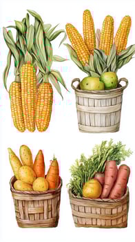 Colorful assortment of fresh vegetables and corn displayed in rustic baskets on a bright background photo