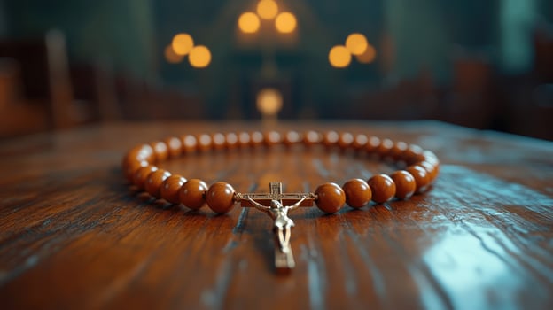 Wooden rosary beads with silver crucifix resting on tabletop photo