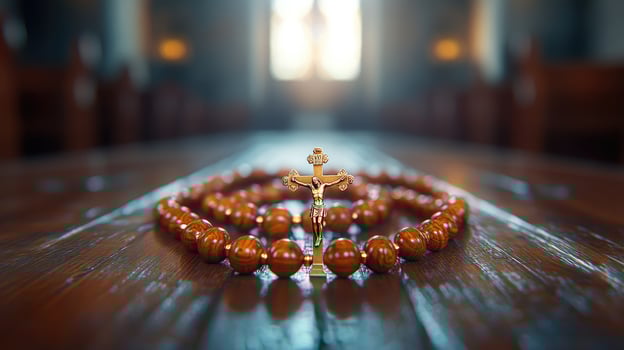Wooden rosary beads with silver crucifix resting on tabletop photo