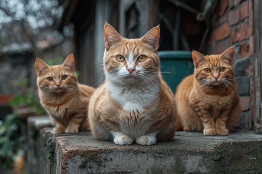 Three ginger cats posing on a blue ledge photo