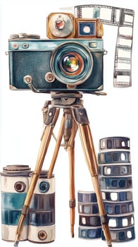 Vintage camera on a tripod surrounded by rolls of film showcasing the art of photography in a retro style photo