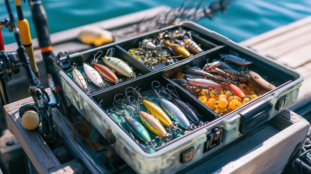 Colorful fishing lures arranged meticulously in a tackle box on a sunny day by the dock at the lake photo