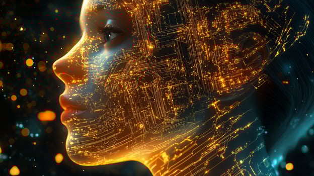 A futuristic digital representation of a human face illuminated by intricate circuits and glowing patterns, showcasing technology and art photo