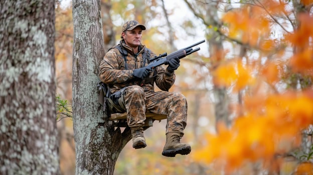 A hunter sits quietly in a tree stand, waiting for deer near a forested area during fall in the early morning light photo