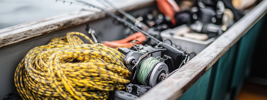 Fishing gear and supplies arranged neatly in a small boat ready for an early morning trip on calm waters photo