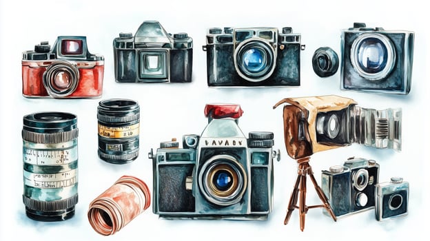 Collection of vintage cameras and photography equipment displayed artistically on a white background, showcasing various styles and designs photo
