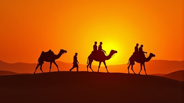 Silhouette of Camel Riders Against an Orange Hued Sky on a Desert Dunes Under Dramatic Sunset photo