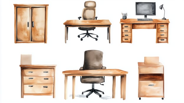 Workspace furniture collection featuring various desks, chairs, and cabinets for an organized office environment photo