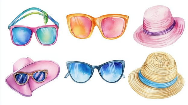 Colorful collection of stylish hats and sunglasses adorned with various designs, perfect for summer wear and sunny days photo