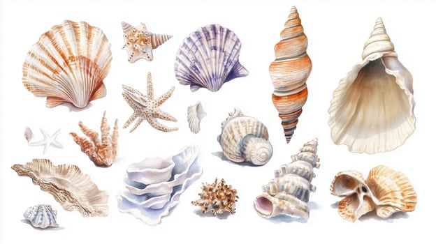 A collection of beautifully illustrated seashells displayed on a white background, showcasing diverse shapes and textures photo