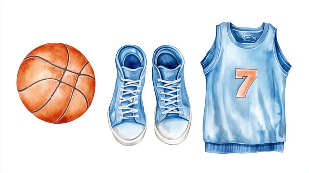 A blue basketball jersey with the number seven, sneakers, and a basketball lying together on a white background photo