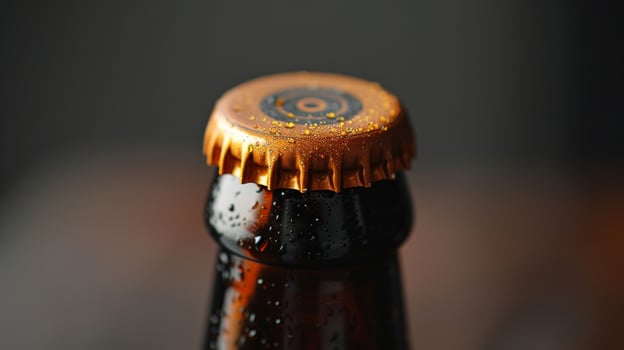 A macro shot of the top of a craft beer bottle showcasing the intricate design of the bottle cap. It features a minimalist logo and a pop of color adding an element of surprise to th photo