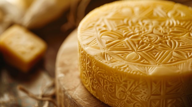 A wheel of yellow cheese carefully coated in a layer of golden wax and stamped with intricate patterns for a rustic touch photo