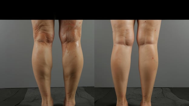 A beforeandafter photo of a persons swollen knee with the after photo showing significant reduction in inflammation after cryotherapy