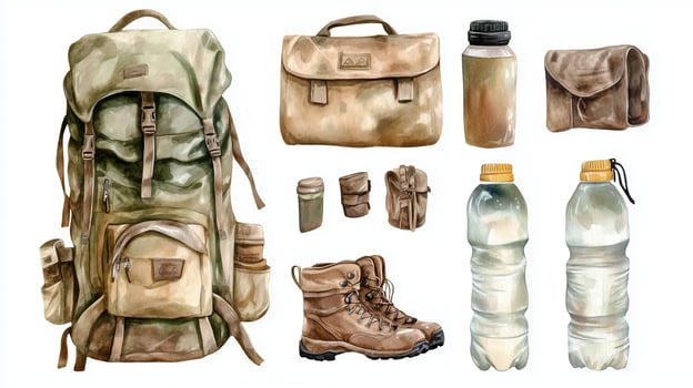 Essential hiking gear including a backpack, boots, water bottles, and various bags arranged in a cohesive outdoor setup photo