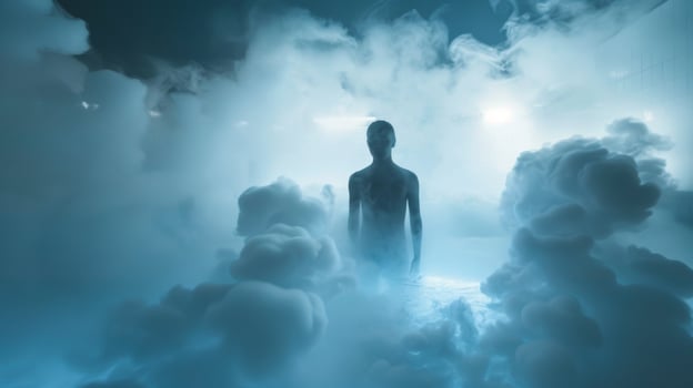 Surrounded by swirling clouds of icy fog a person stands inside the cryotherapy chamber their body submerged in the rejuvenating coldness photo