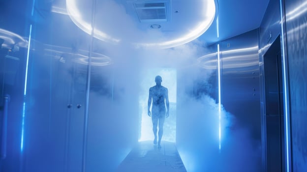 The serenity of the cryotherapy chamber is interrupted by a person standing in the center their body enveloped in a thick haze of frost photo