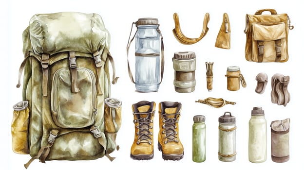 Essential hiking gear and supplies including backpack, boots, and utensils displayed on a white background for outdoor enthusiasts photo