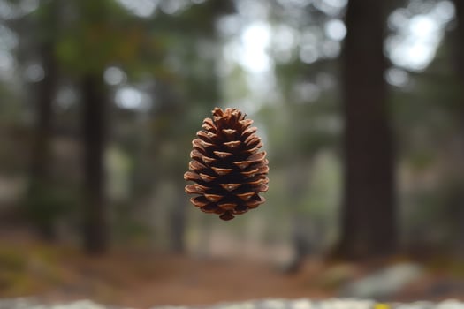 A Single Pine Cone Suspended in Mid-Air Against a Blurred Forest Background photo