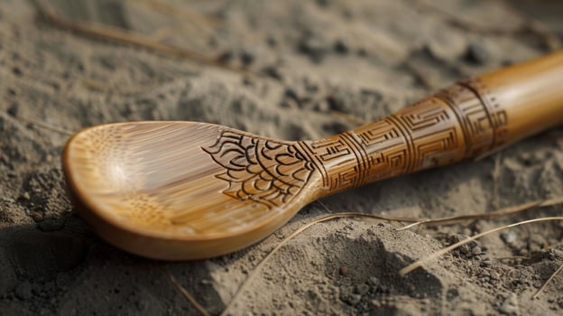A zoomedin image of a bamboo serving s showcasing the detailed engraving on the handle. The natural color of the bamboo contrasts beautifully with the dark markings photo