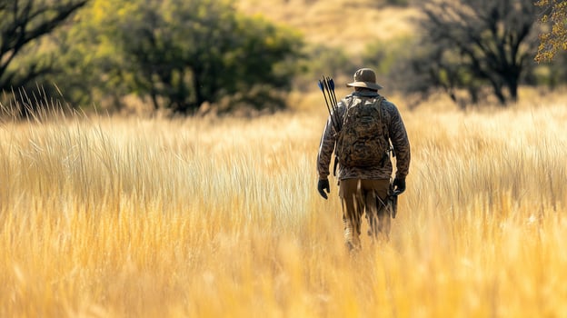 A hunter walks through tall grass with a bow and arrows, exploring the wilderness during a sunny day on open terrain photo