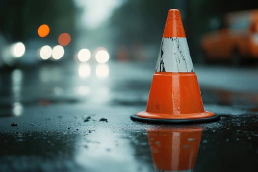 A Single Traffic Cone Reflecting in Puddles on a Wet Road photo
