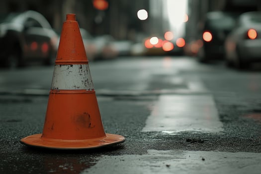 An Orange Traffic Cone on a Wet Asphalt Road photo