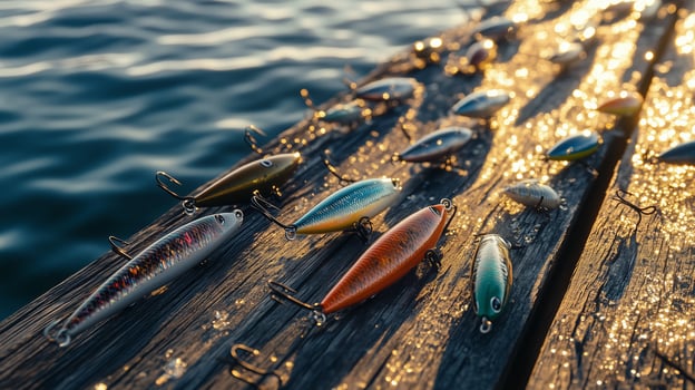 Colorful fishing lures scattered on a weathered wooden dock by the shimmering water at sunrise during early morning fishing photo
