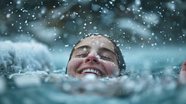 A person emerging from the water with a triumphant smile surrounded by chunks of ice and snowflakes photo