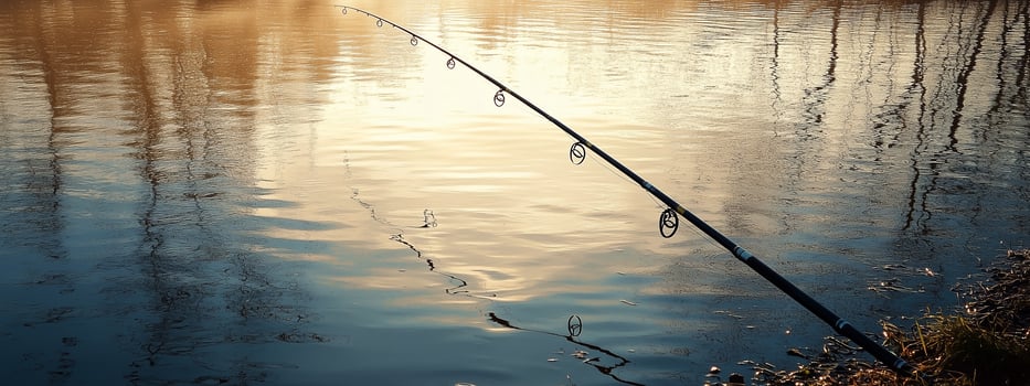 Fishing rod resting by a tranquil lake during sunset, reflecting peaceful scenery with calm waters and surrounding trees photo