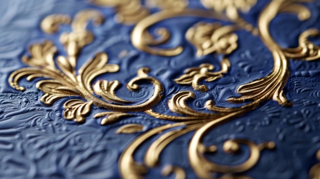 An image of a goldfoil embossed monogram on a navy blue notecard. The monogram is intricately detailed with swirling vines and flourishes giving the stationery a luxurious feel photo