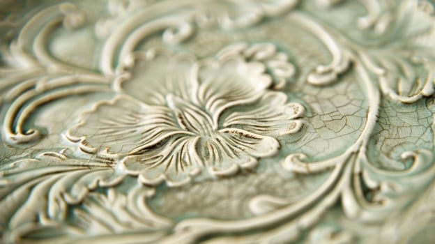 A detailed shot of a ceramic platter showcasing the raised and etched designs that were delicately carved by hand photo