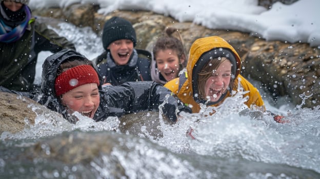 A group of energetic youngsters take turns sliding down a natural rock slide into an icy mountain stream screaming and laughing in equal parts as they embrace the thrill of cold wate photo