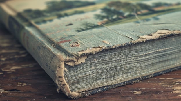 The cover of the book is made of a textured fabric with a faded illustration of a countryside scene. There are also small patches of discoloration adding to its vintage aesthetic photo