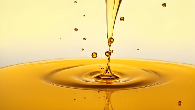 Transparent yellow liquid oil pouring into golden fluid oil material isolated on background photo