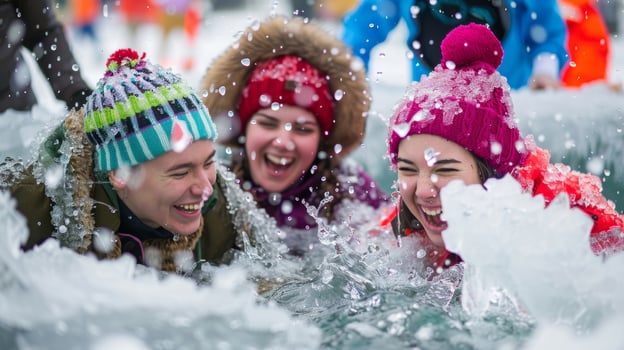 A festive group of friends dressed in warm winter gear making a splash in a giant ice bath at a unique ice carnival photo