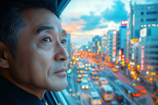 Pensive man gazing at vibrant city lights from high-rise window photo