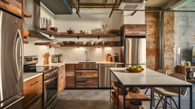 Modern kitchen interior design with a mix of sleek stainless steel appliances with reclaimed wood cabinets and open shelving. photo