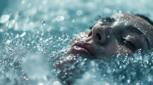 A person holding their breath as they slowly submerge their body into an ice bath at a high altitude photo