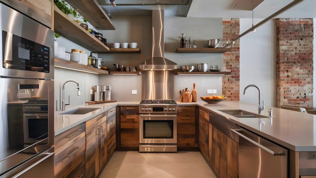Modern kitchen interior design with a mix of sleek stainless steel appliances with reclaimed wood cabinets and open shelving. photo