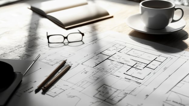 Architectural blueprint floor plans displayed on a table for property development and construction photo